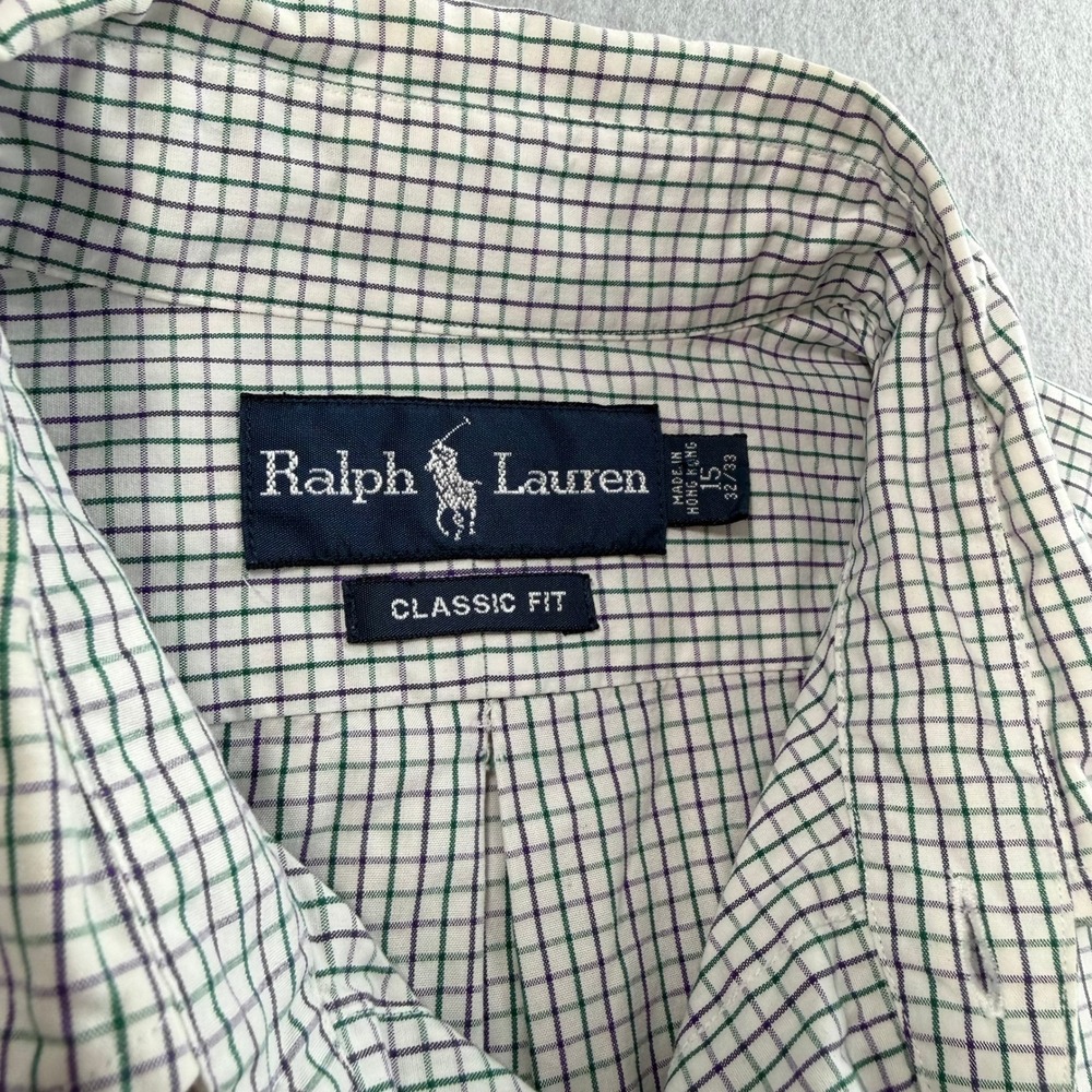 Ralph Lauren Button Down Shirt Mens 15 32/33 White Green Tattersall Office Wear - Picture 3 of 8